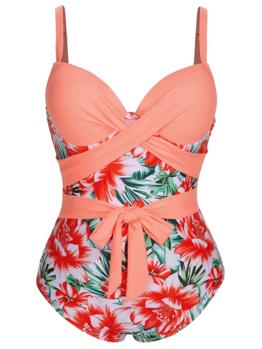 Women Coral Floral One-Piece Swimsuit with Bow